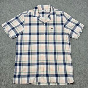 Lacoste Mens Plaid Short Sleeve Button Down Shirt Peach Navy Blue Cotton Size M
